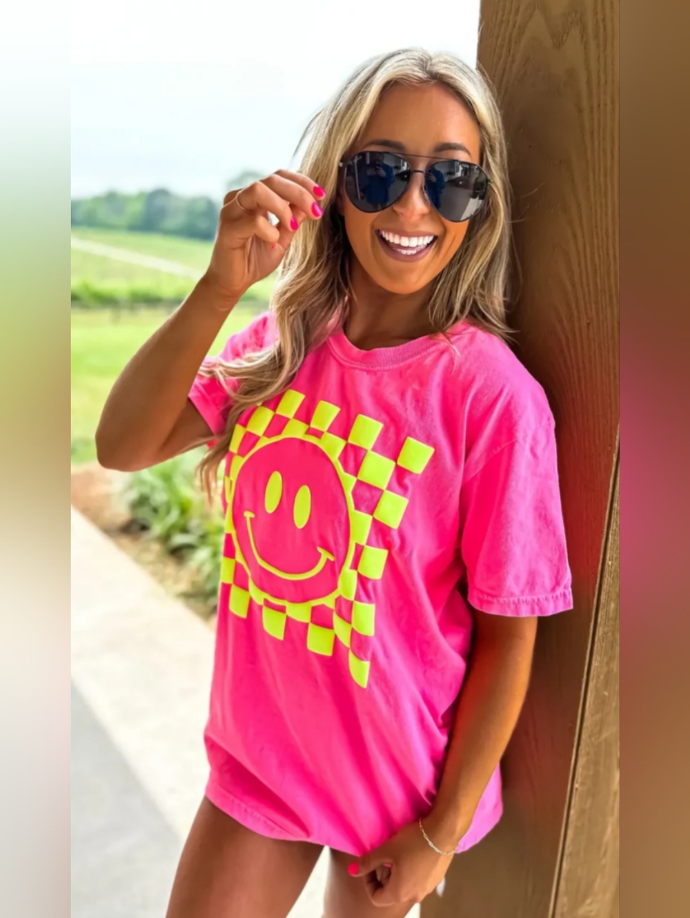 Neon Pink Puff Smiley Checkered Graphic Tee